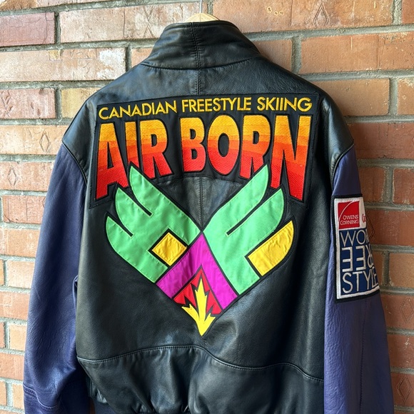 Vintage Canadian Skiing Embroidered Leather Jacket / Large / 90s / Air Born - Picture 2 of 10